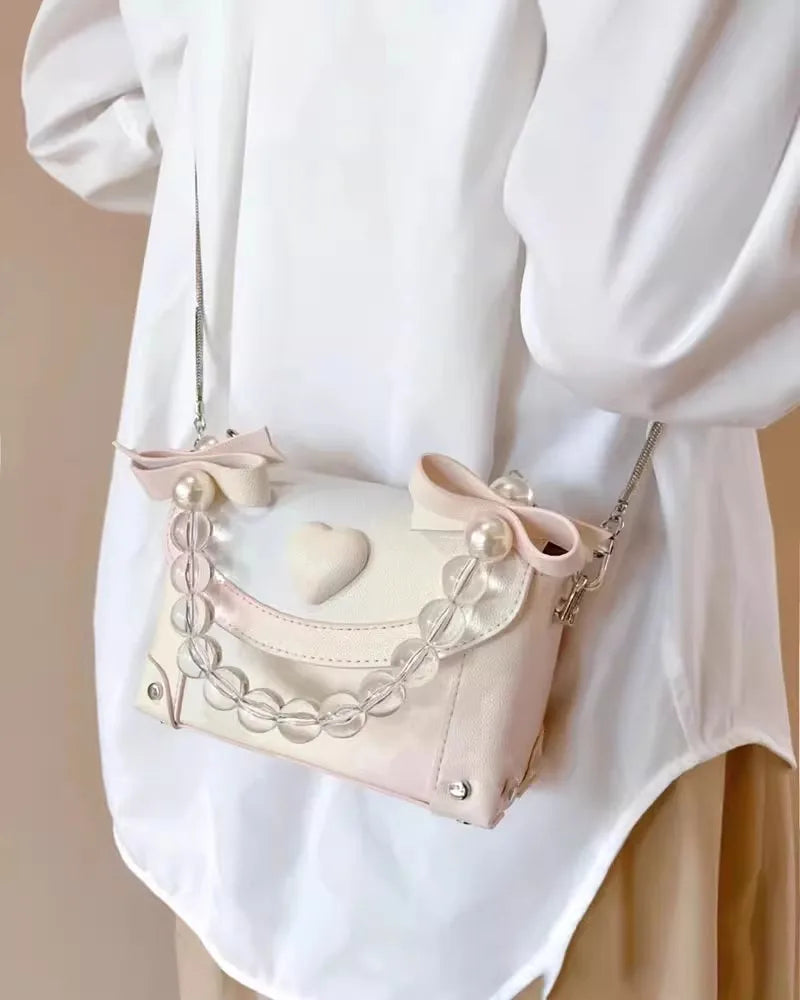 nvxiot - Sweet Pink Messenger Bag Women Fairycore Aesthetic Handle Pearl Chain Crossbody Bags Ladies Harajuku Heart Y2k Hand Bag