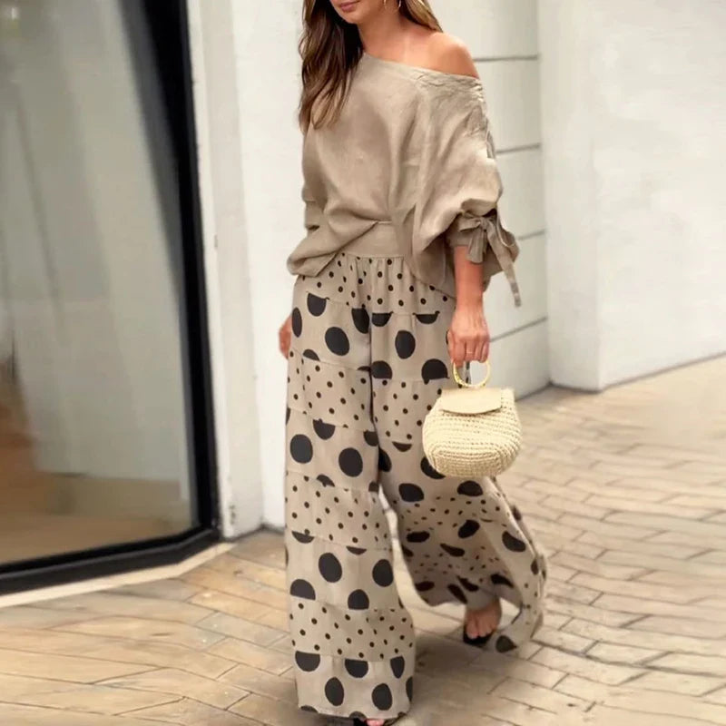 MQTIME - Fashion High Street Outfits Casual Diagonal Neck Hollow Top with Wide Leg Pants Sets Summer Loose Polka Dot Printed Women Suit