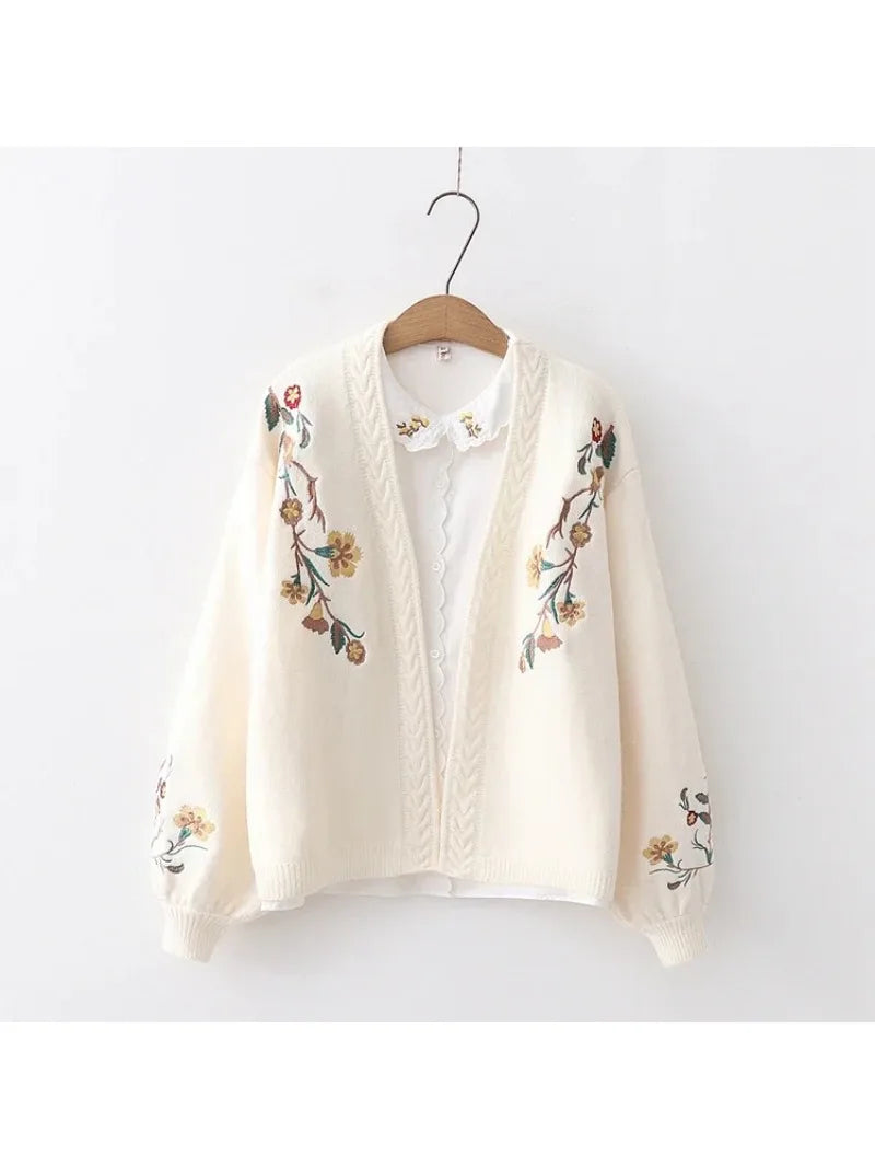 nvxiot - Japanese Mori Girl Autumn Winter Women Sweater V Neck Beige Blue Knitted Cardigan Elegant Floral Embroidery Warm Sweet Outerwear