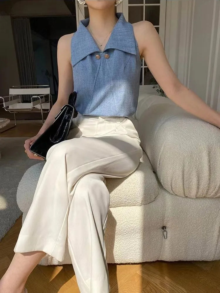 MQTIME - Temperament Lapel Blouse Women Sleeveless Off Shoulder Blue Shirts Office Lady Formal Elegant Fashion Tops Summer Chic