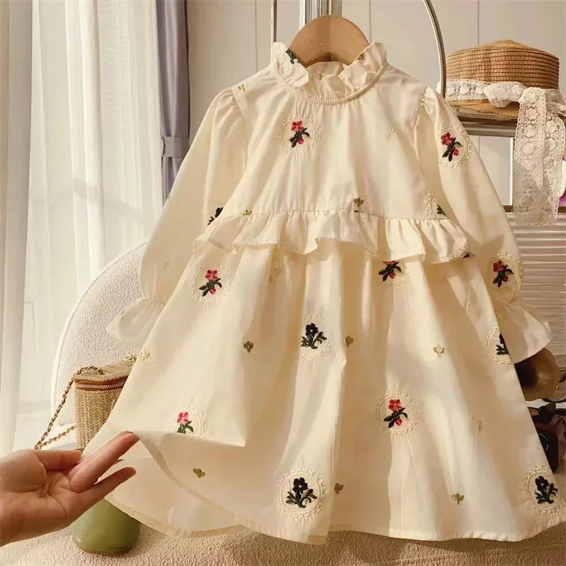 MQTIME - Girls Dress Autumn Girls Princess Dress New Spring Children Kids Baby Embroidery Ruffle Long Sleeve Dresses Vestidos 2-8Yrs