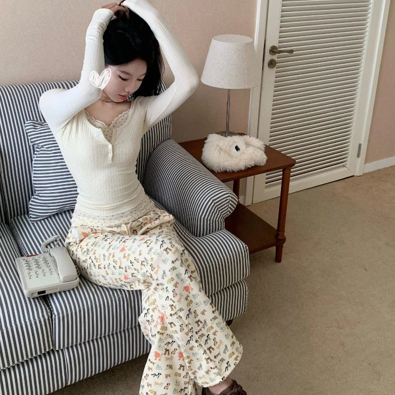 nvxiot 2024 Spring New Korean Contrast Color Patchwork Casual Long-sleeved T-shirt Women + Puppy Printed Wide Leg Pants Two-piece Suit