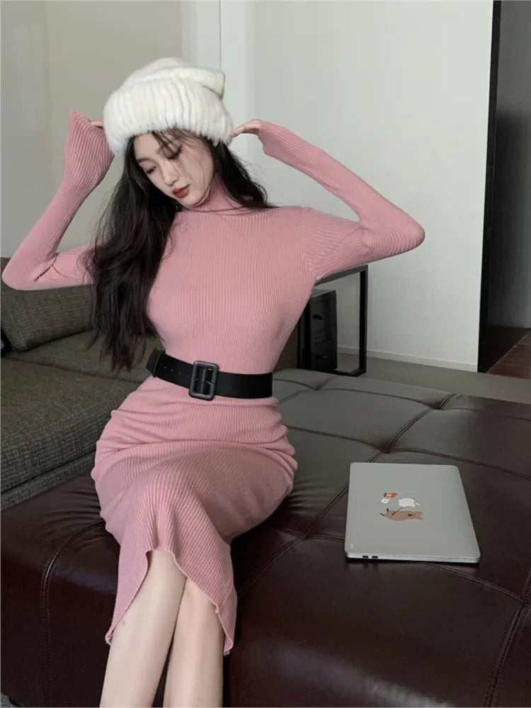 nvxiot autumn winter women solid elegant slim knitted dress korean long sleeve sweater dress office lady midi dress