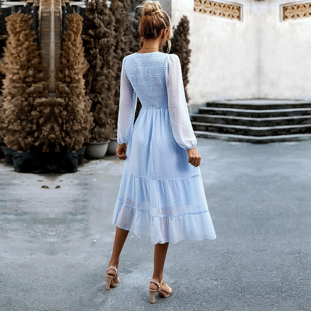 nvxiot Jacquard Dress New Women Autumn O Neck Lantern Sleeve Elegant Solid Color Long Dress For Fashion