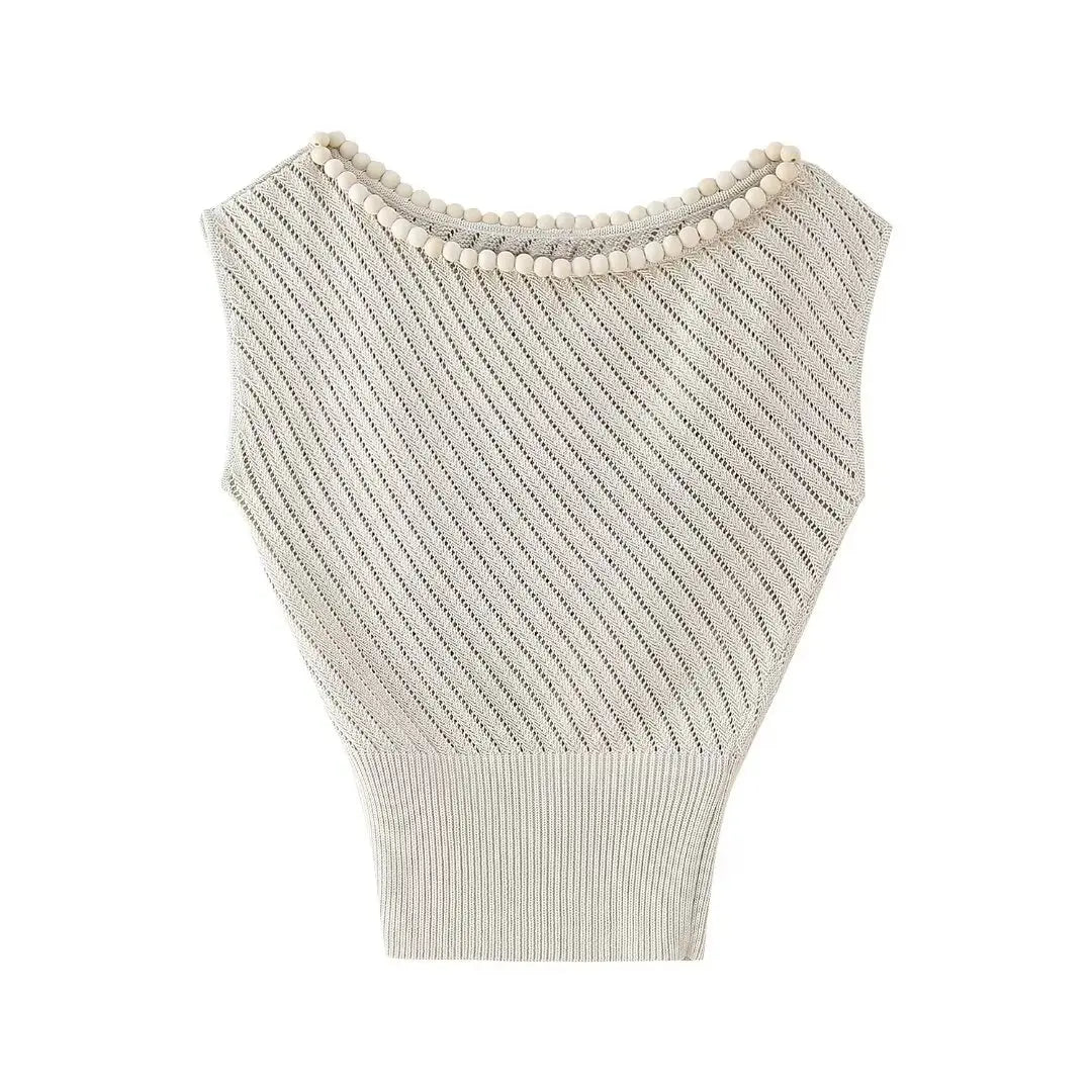 MQTIME - women's 2024 summer new simple temperament round neck sleeveless oblique pleated top 3920/023