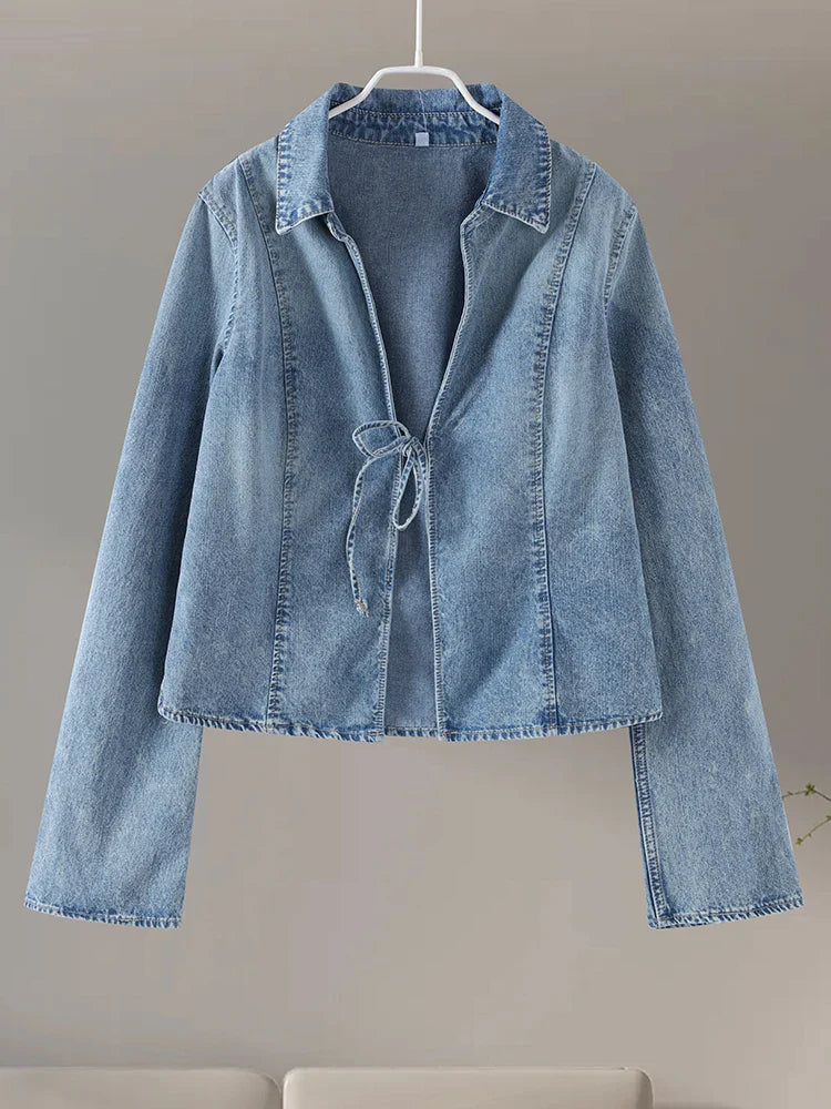 MQTIME - Thin Lace UP Denim Jacket Long Sleeve Women Casual Hollow Out Lapel Bow Slim Fit Coat Summer Chic Vintage Street Outwear