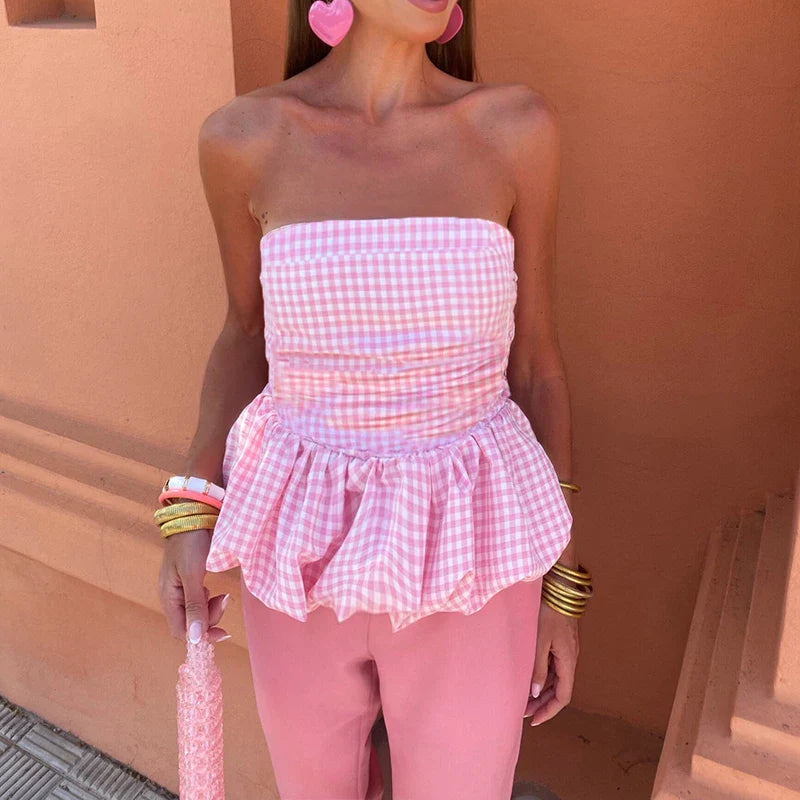 nvxiot - Women's Sexy Off Shoulder Pleated Club Party Shirt Elegant Plaid Strapless Slim Blouses Fashion Lady Slash Neck Fluffy Short Top