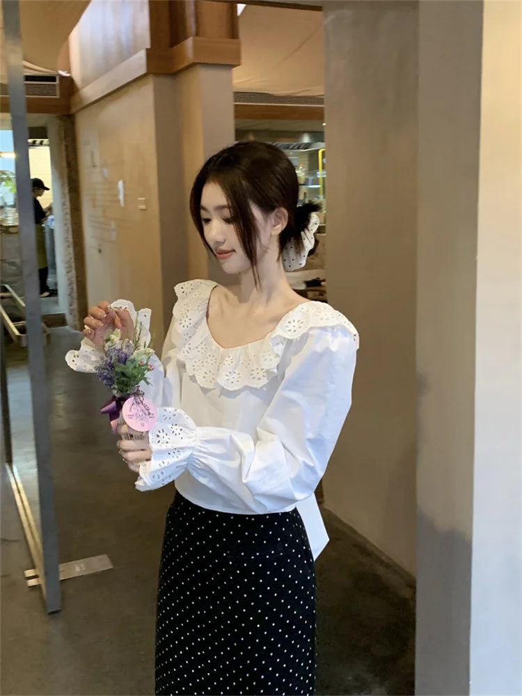 nvxiot - French Style Backless Long Sleeved Shirt for Women Summer Bow Short Blouse Elegant White Ruffled Top Blusas Femininas Elegantes