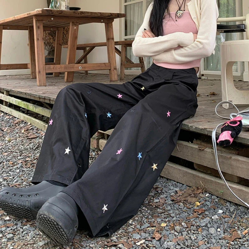 nvxiot Vintage Star Embroidery Casual Y2K Black Cargo Pants Women Autumn New High Waist Drawstring Loose All Match Wide Leg Pants