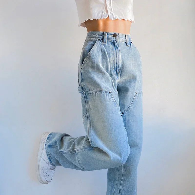 nvxiot - Women's Autumn New Casual Straight Denim Pants 2024 Baggy Jeans Mom Fit High Waist Loose Light Blue Jean Pocket Patchwork Female
