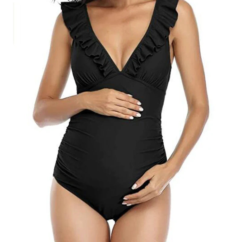 nvxiot - Maternity Swimsuit One Piece Ruffle V Neck Swimwear Lace Up Back Bathing Suit Monokini Maternity Beach Bikini SPA