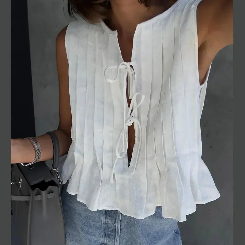 MQTIME - Pleated White Lace Up Tank Top Long Skirt Suit Women Elegant O-neck Sleeveless Tops Skirts 2 Pieces 2024 Summer Lady Streetwear