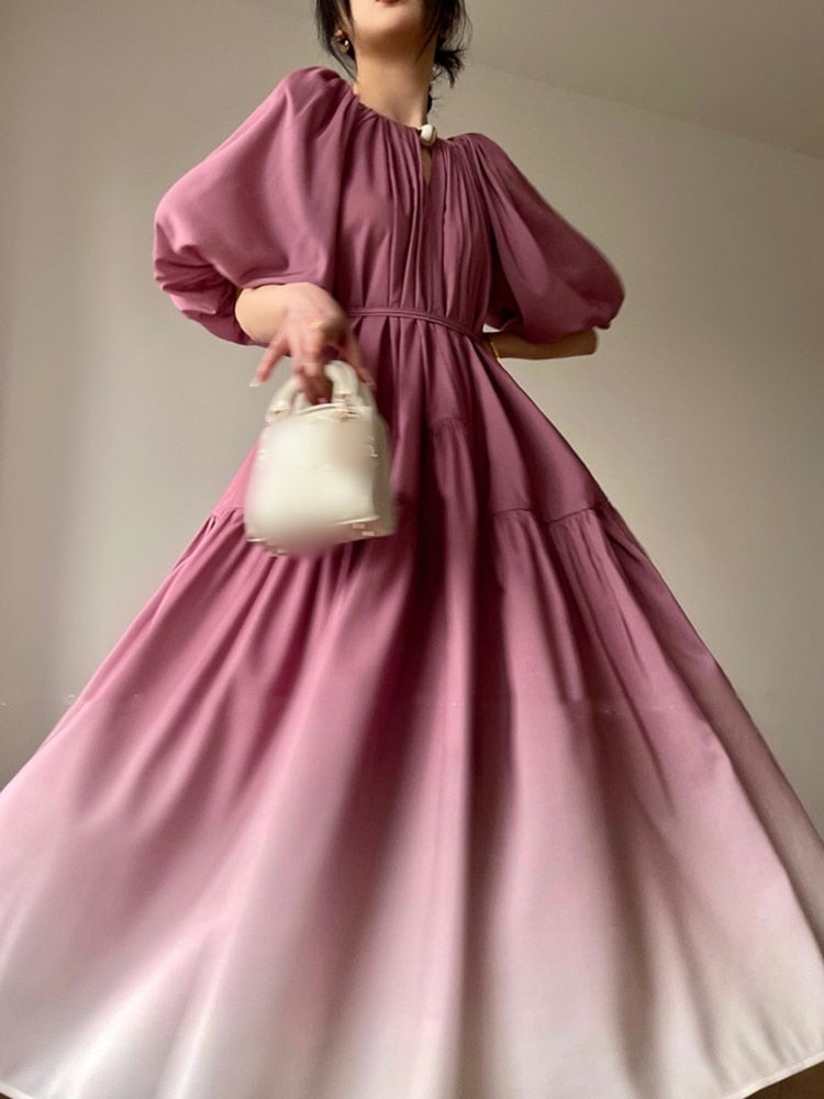 nvxiot French Elegant Oversized Pleated Party Dresses For Women Summer Puff Sleeve Lace Up Vintage Robe Female Birthday Clothing