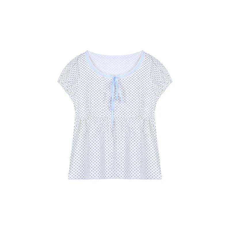 MQTIME - Kawaii Dot Print Blouse Women Sweet Lace Bow Puff Sleeve Summer Shirt Korean Fashion Loose Casual Cutecore O-neck Tops