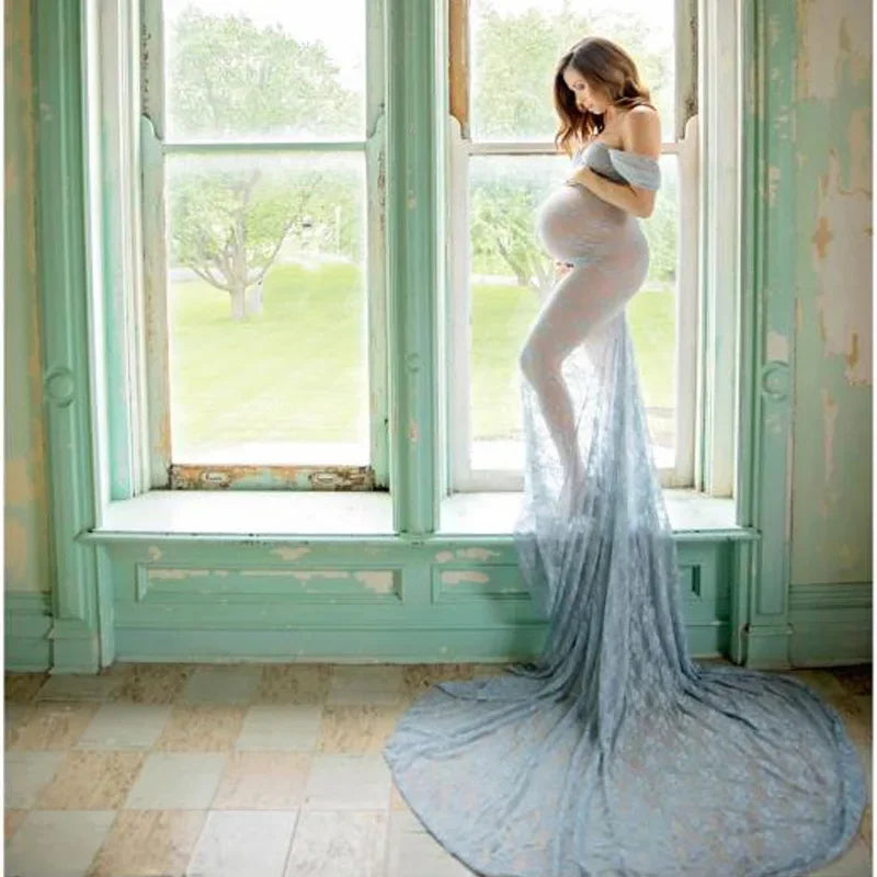 nvxiot - Lace Maternity Gown Dress Pregnant Clothes Photography Props Perspective Sexy Photo Shoot Women Trailing Dress Mother Vestidos