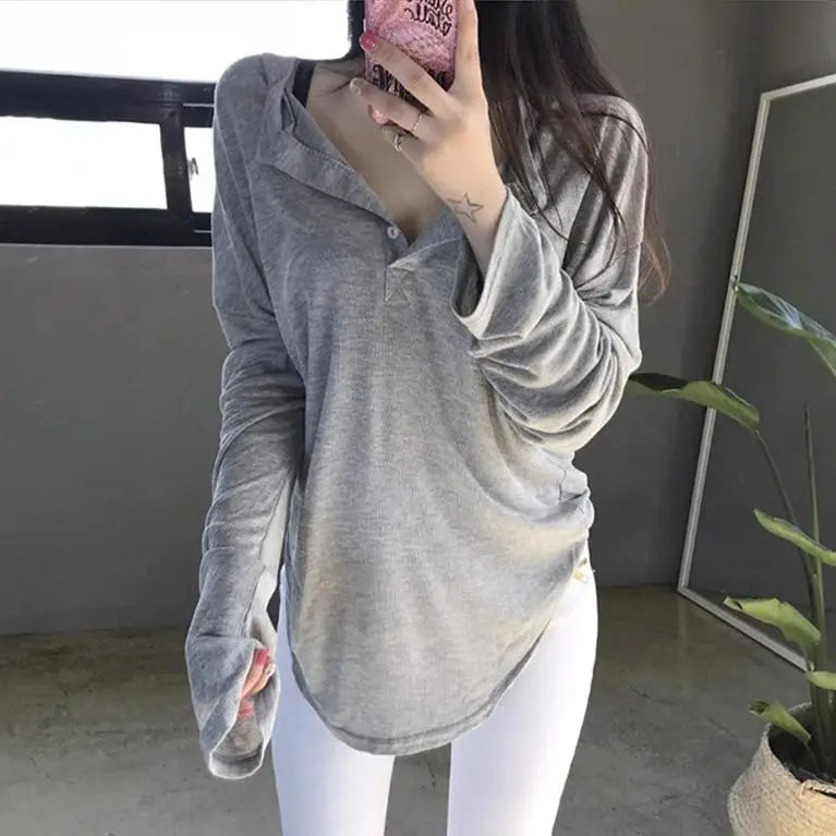 MQTIME - Lazy Style Long sleeved Polo Neck T-shirt Top Women Solid Versatile Loose Leisure Summer Sunscreen Bottom Shirt Women Clothing