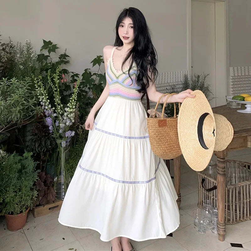 nvxiot - National Trend Pregnant Woman Summer Holiday Dress Sleeveless Knitted Striped Patchwork Chiffon Dress Maternity Beach Clothes