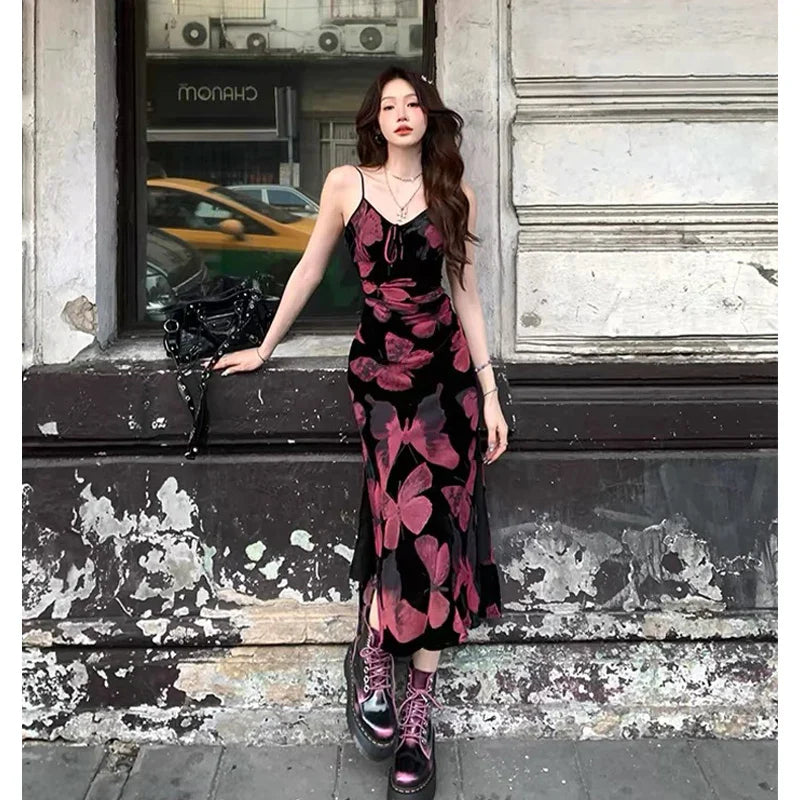 nvxiot - Elegant Vintage Slim Print Midi Dresses for Women Sleeveless Spaghetti Strap Red Butterfly Fashion Women's Clothing Summer 2024