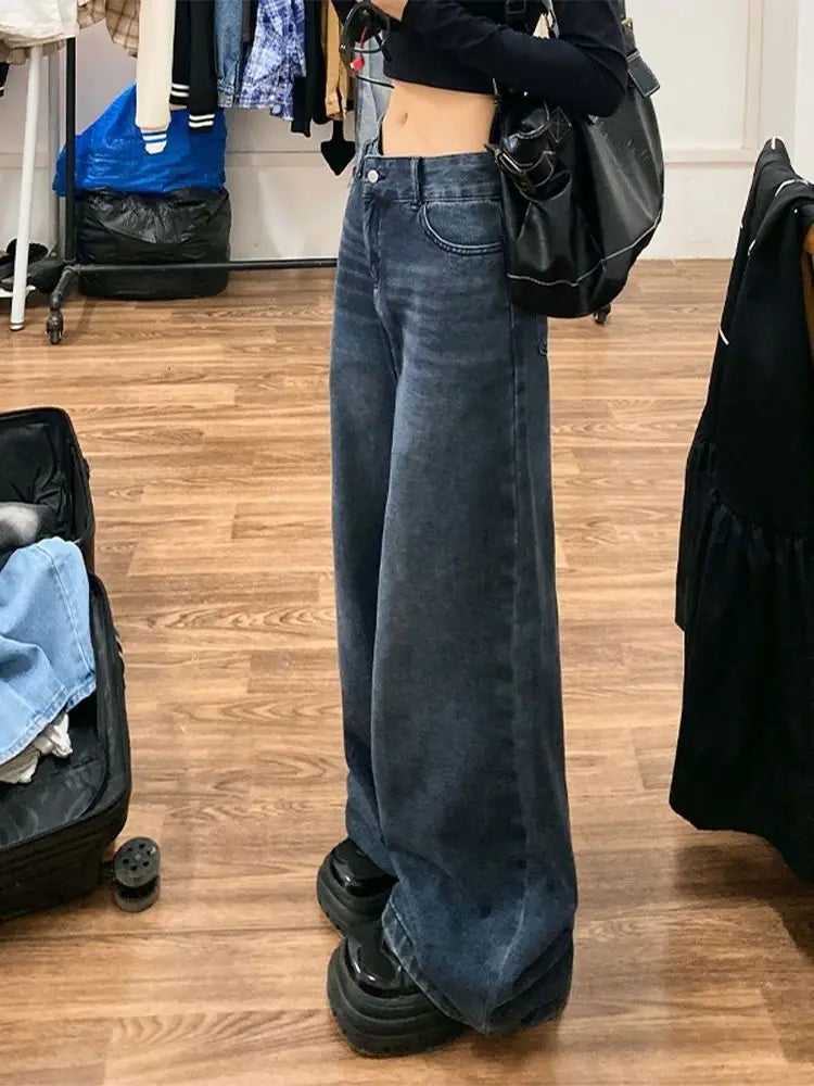nvxiot - Vintage Blue Jeans Women Streetwear Casual Baggy Pants Wide Leg Korean Fashion Basic Denim Trousers High Street
