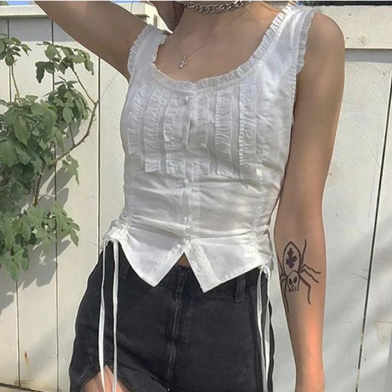 MQTIME - 2024 New Summer Pure White Sleeveless Vest-style Lace-up Round Neck Lace Drawstring Y2k Top With A T-shirt Inside And A Bottom