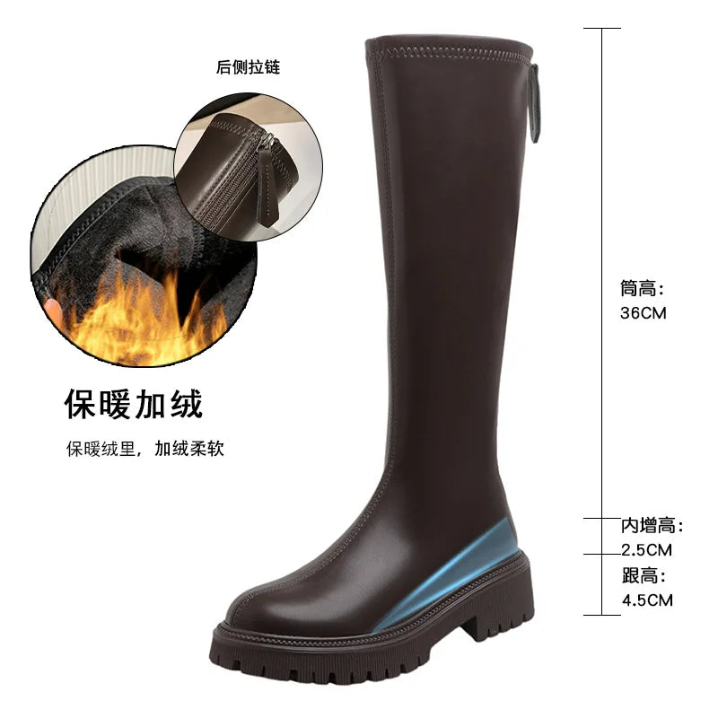 nvxiot - Women's Long Boots Autumn/Winter Thick Sole Round Toe Fashion Versatile Inner Heightening British Brown Knight Boots Women