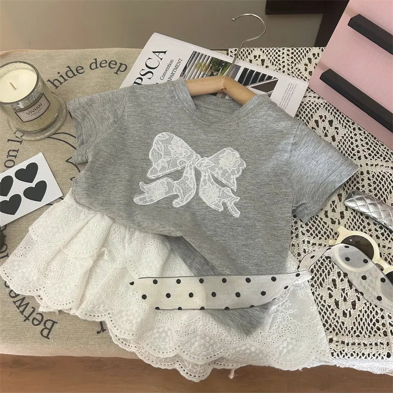 nvxiot - Korean Summer Toddler Girls 2PCS Clothes Set Knotbow Lace Round Collar Tops Hollow Printed Cake Skirt Shorts Babys Girls Outfits