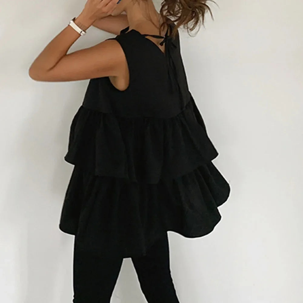 MQTIME - Black Sleeveless Women's New Fashion Summer Kawaii Round Neck T-shirt Top with Ruffled Cute Korean Loose Women's Vest Top