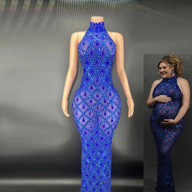 nvxiot - Maternity Photography Sexy Shiny Goddess Bodysuit Rhinestone Maternity Dress For Photo Shoot