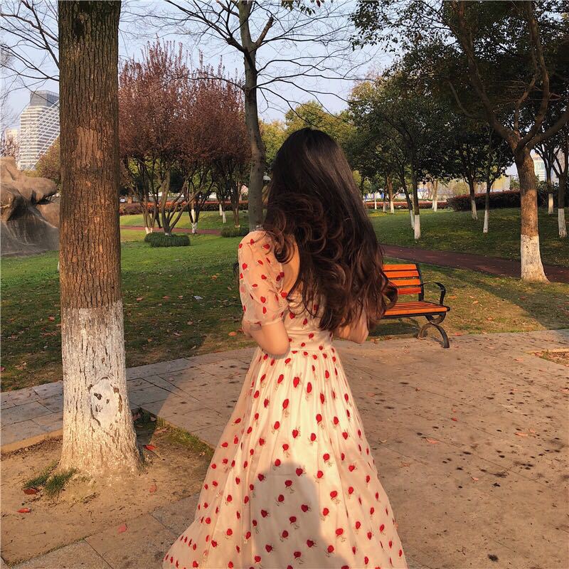 nvxiot Summer Strawberry Dress Embroidery Sexy Square Collar Midi Dresses Casual Short Sleeve Beach Party Dress Femme Vestidos Robe