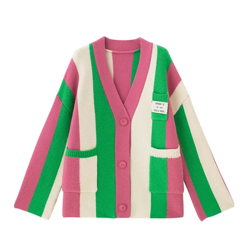 MQTIME - Korean Girls Sweaters Autumn Sweater Colorful Striped Cardigan Women's Single Breasted V-neck Knitwear Cozy Loose Cardigans