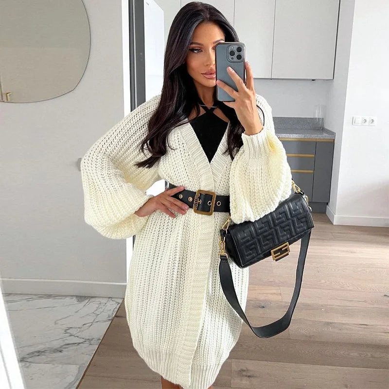 nvxiot Casual Cardigan Women Fashion Lantern Sleeve Knitted Sweater Oversize White Cardigan Vintage Tops Auturn And Winter Outwear Coat