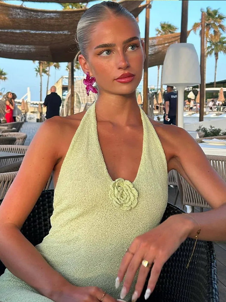 nvxiot - Deep V-neck Backless Long Dresses Women 3D Flowers Sleeveless Slit Halter Dress Female Summer Slim Fit Solid Robes Beach Holiday