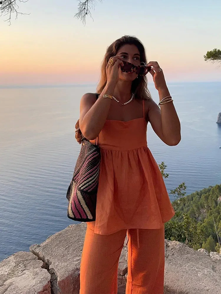 nvxiot - Women Fashion Ruffles Pleated Hem Tops Set Drawstring Wide Leg Pants Sleeveless Shirt Suit 2024 Lady New High Streetwear