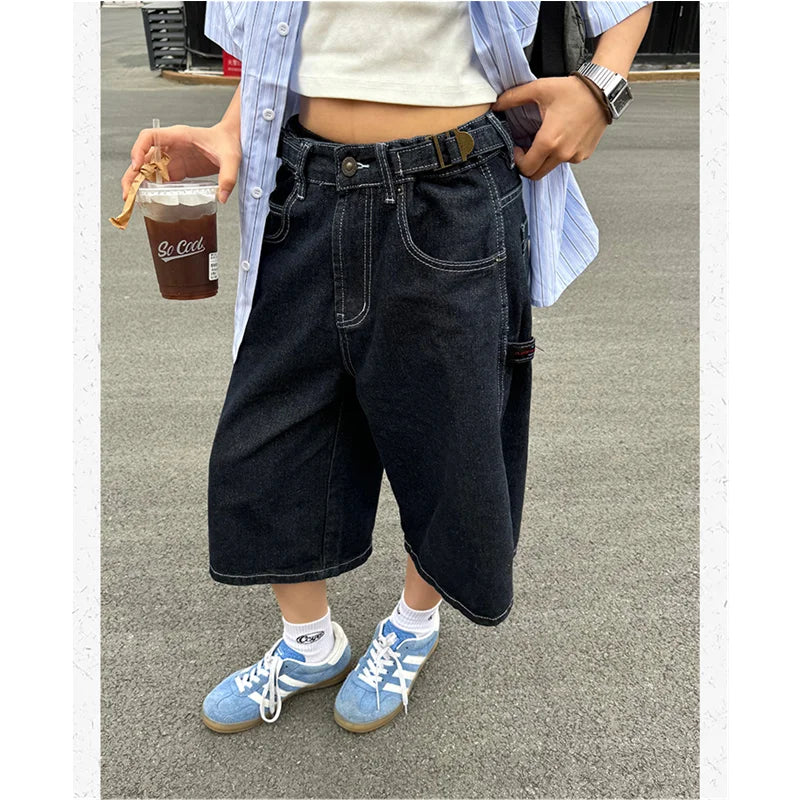 nvxiot - Women's Shorts Summer Dark Blue High Waist Jeans Y2K Straight Knee Length Pants Classic Streetwear Vintage Wide Leg Denim Shorts