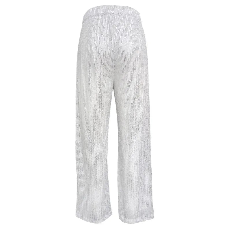 nvxiot - Sparkling Sequins Wide Leg Pants Women Fashion High Waist Loose Casual All Match Trousers Club Party Bottoms Christmas Outfits