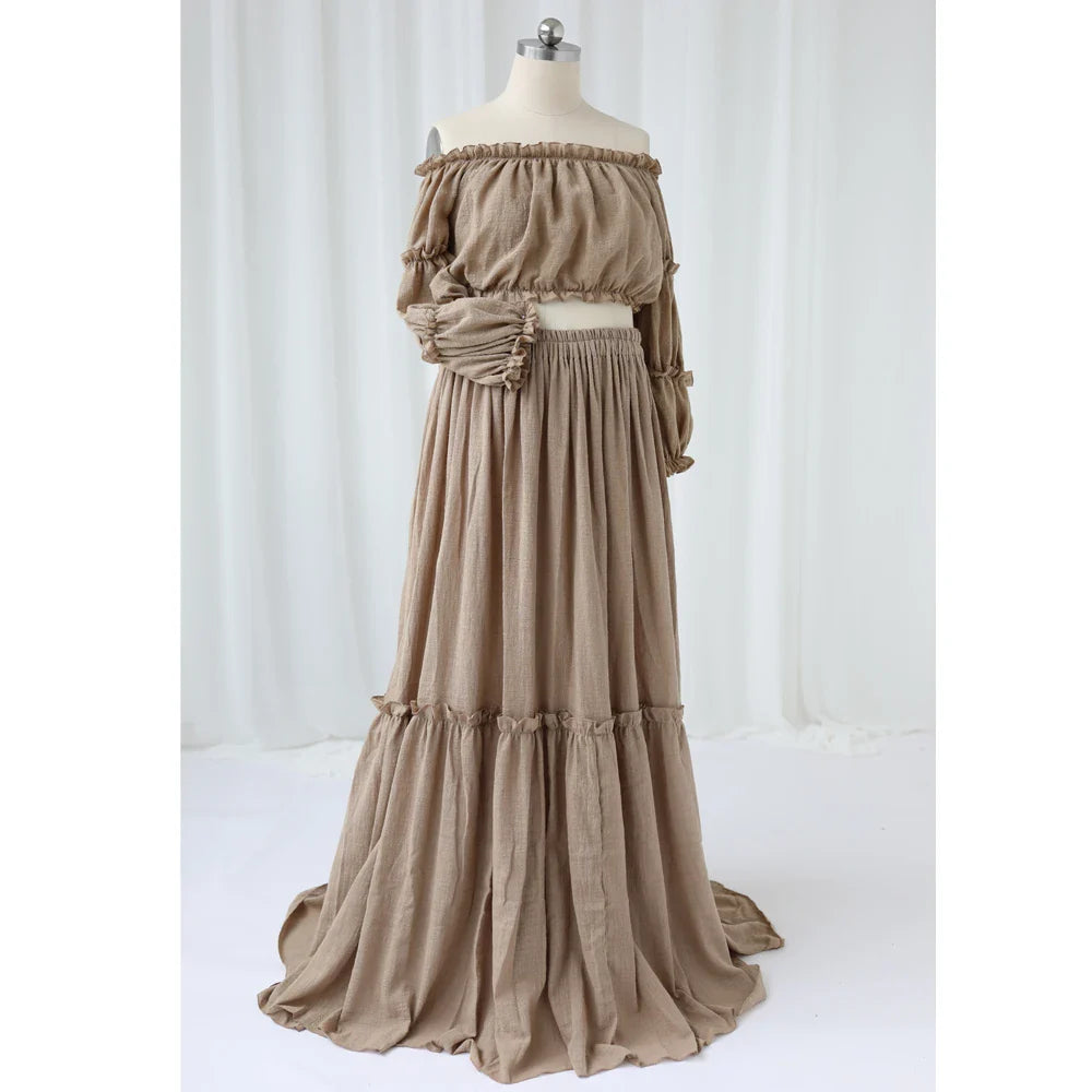 nvxiot - Fall Outfits 2024 Comfortable Linen Cotton One Shoulder Two-Piece Set Boho Style Photography Dress For Women Maternity Dress For Baby Showers