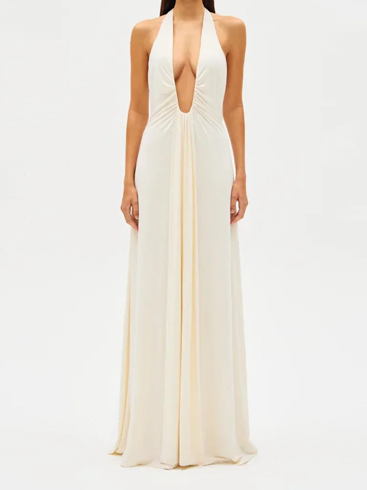 MQTIME - Sexy Deep V Neck Halter Maxi Dress For Women Chic Backless Pleated Waist Skinny Long Skirt Lady Summer Evening Party Robes
