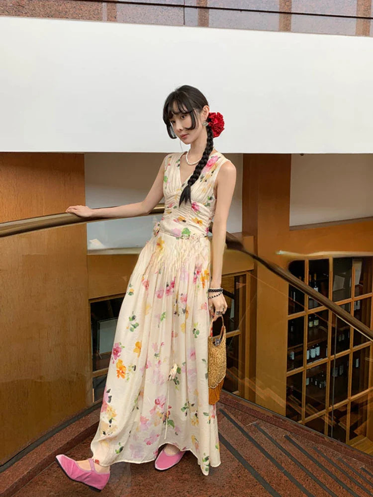 MQTIME - Summer Woman Holiday Dress Elegant Floral Midi Dress Beach Style Sexy Sleeveless Dresses Harajuku Outwear Korean Fashion Dress