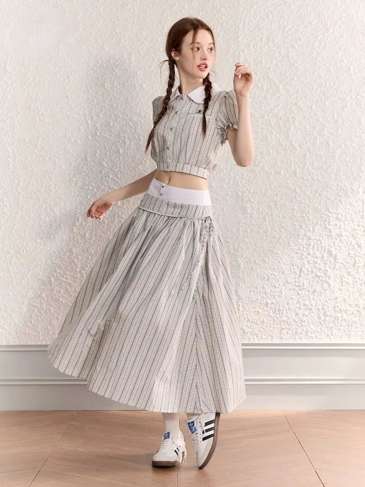 MQTIME - Stripe Turn-down Collar Blouse Preppy Style High Waisted Lace Up Long Skirts Korean Fashion 2 Piece Sets Womens Outfits