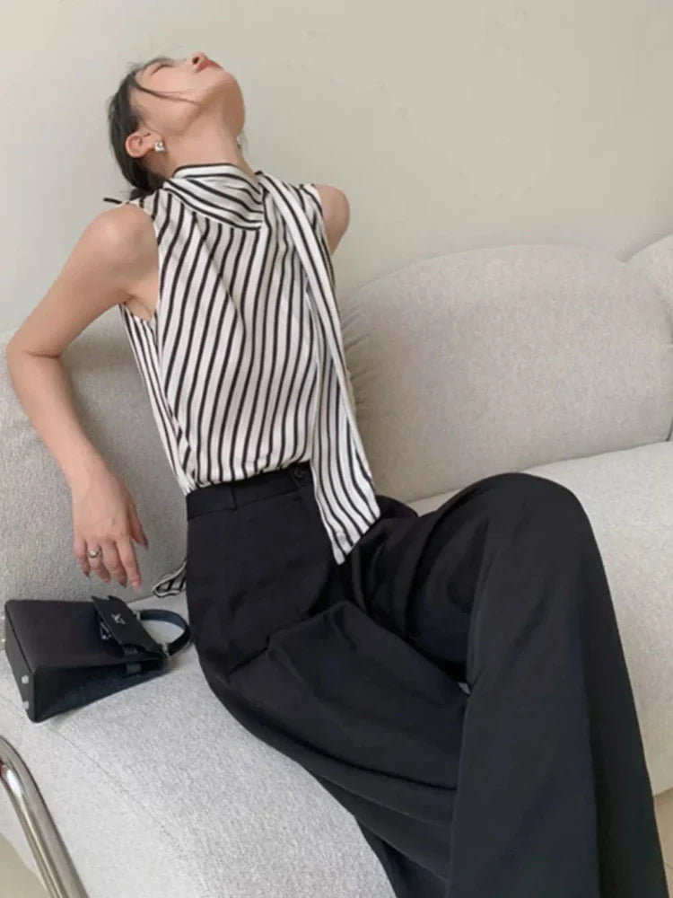 MQTIME - Black White Stripe Tank Tops for Women Sleeveless Bow Lace Up Collar Crop Top Office Lady Elegant Chic Clothing Summer