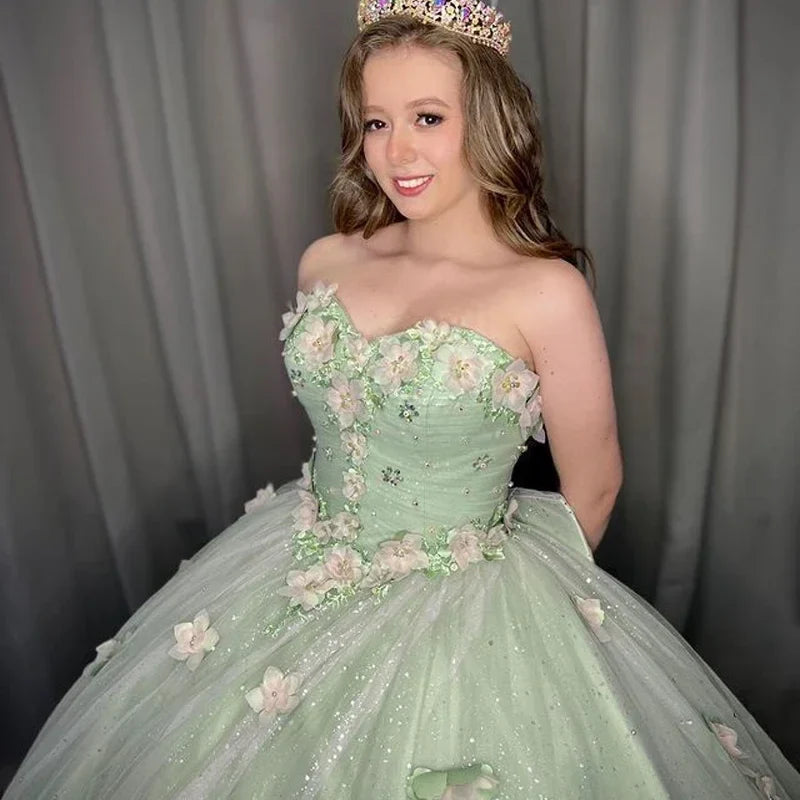 MQTIME - Sage Green Sweet Princess Quinceanera Dress Bead Appliques 3D Flower Vestidos De Birthday Party Graduation Ball