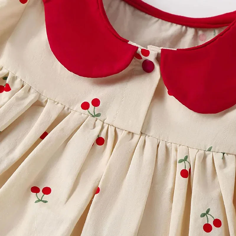 MQTIME - 0-2Y Baby Girls Clothes Full Of Cherry Print Baby Dress Long Sleeve Cherry Dresses Runched Dress with Hat