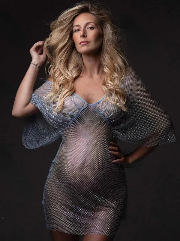 nvxiot - Sexy See-through Maternity Maternity Photography Dresses For Elegant Mesh Rhinestones Dress Pregnancy Photo Shoot