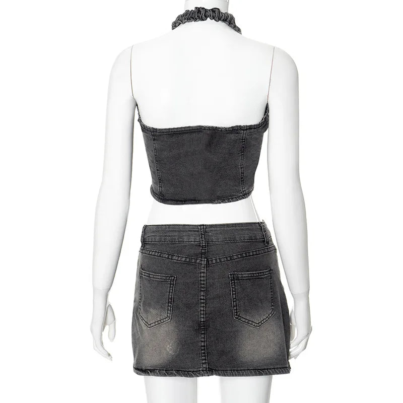 nvxiot - Tassel Cross Embroidery Denim Two Piece Set Women Summer Grommet Lace Up Halter Backless Tank Crop Tops + Mini Skirts Jeans Suit