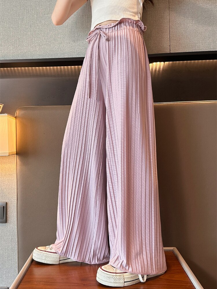 nvxiot Girls Ice Silk Casual Pants 2023 Summer Thin Loose Fashion Wide Leg Pants for Kids Fashion Pit Elastic Waist Children Trousers
