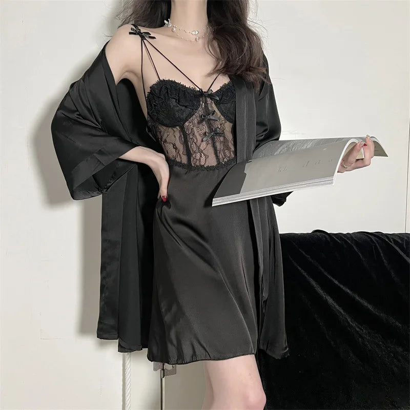 MQTIME - Women Robe And Gown Sets Light Purple Bathrobe Sexy Lingerie Satin Kimono Two Piece Set Summer Lace Hollow-out Nightgown