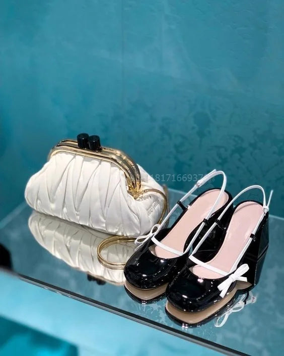 MQTIME - Cute Pink Round Toe Slingback Sandals Fashion Chunky High Shallow Patent Leather Sandals 2024 Luxury Women Pumps