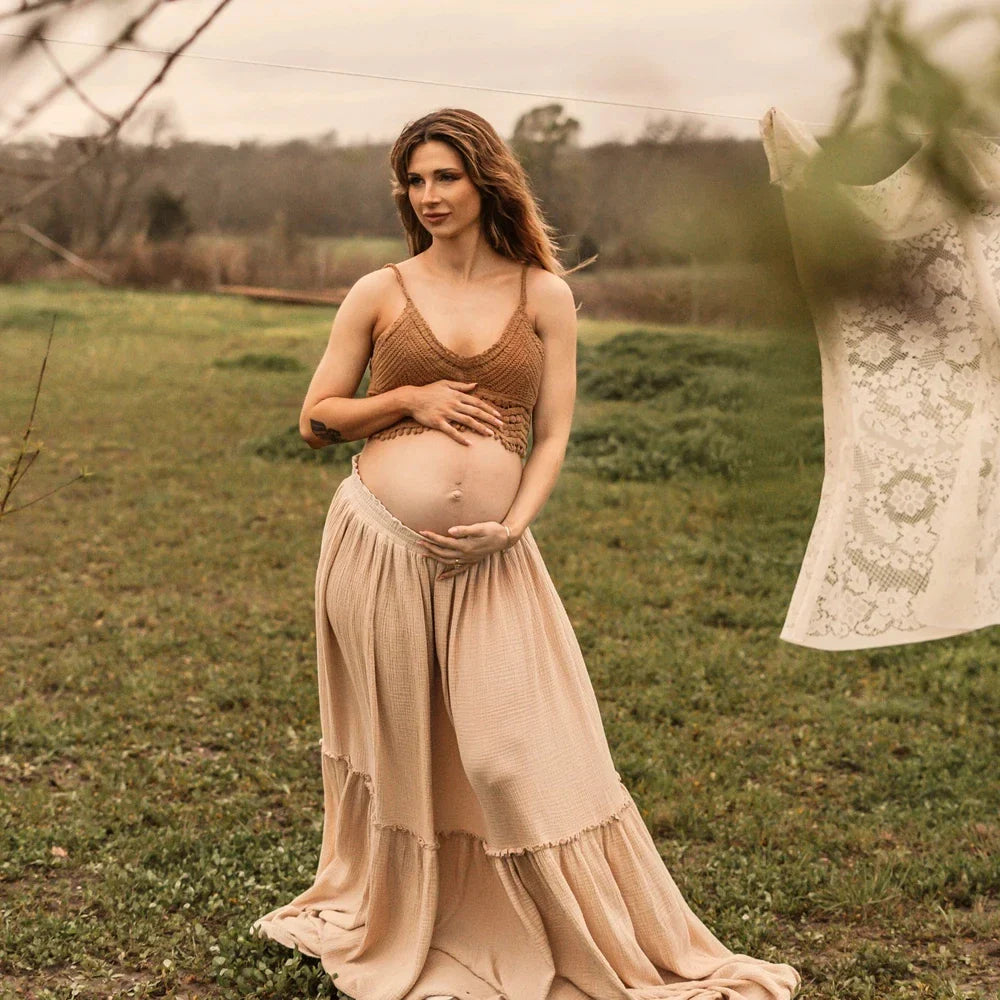 nvxiot - Maternity Photography Props Outfit Pregnancy Cotton Long Skirt&knitted Top For Photo Shoot Set Wilderness Style Maternity Dress
