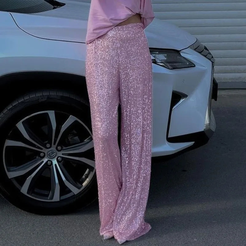 nvxiot - Sparkling Sequins Wide Leg Pants Women Fashion High Waist Loose Casual All Match Trousers Club Party Bottoms Christmas Outfits