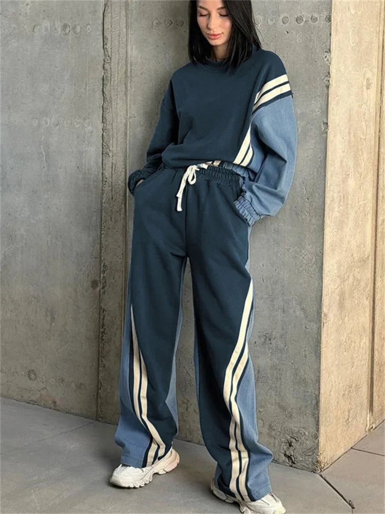 nvxiot - Fall Outfits 2024 Ladies 2 Piece-Set Drawstring Trousers Contrast Lace-Up Autumn 2024 Pullover And High Waist Women Pants Outfits Tracksuit